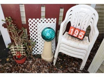 LOT 195 - CHAIRS - FLOWER - WHITE FENCING AND YARD BALL ON POST