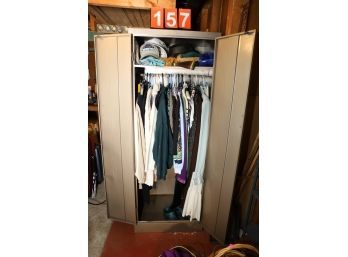 LOT 157 - METAL CABINET WITH CLOTHING / HATS AND MORE INSIDE