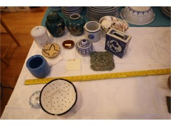 GREEN VASES / HANDMADE WEAVE BOWL / AND ITEMS SHOWN