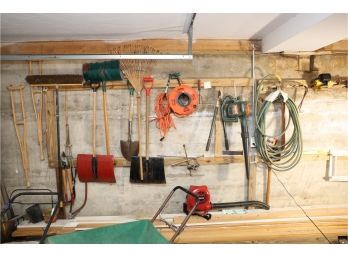 ENTIRE CONTENTS OF LEFT SIDE GARAGE WALL (TOOLS,LUMBER ECT)