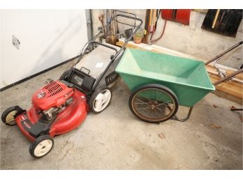 PUSH LAWNMOWER AND GREEN GARDEN CART (UNKNOWN CONDITION)