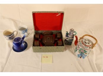 GREEN AND RED BOX SET WITH TEA CUPS AND OTHER THINGS SHOWN