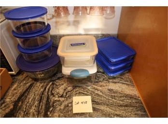 PYREX WITH BLUE TOPS AND CONTAINERS