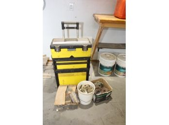 YELLOW ROLLING STANLEY TOOL BIN AND NAILS