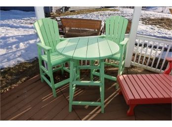 HEAVY DUTY OUTDOOR LONG LASTING MATERIAL GREEN HIGH TOP TABLE AND 2 CHAIRS