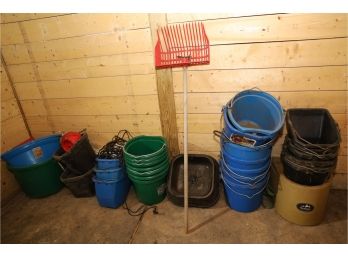 BIG LOT OF HORSE / ANIMAL FEEDING BUCKETS/ WATER BUCKETS AND WHATS SHOWN (3RD BARN)