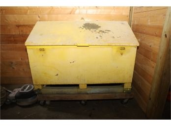 LARGE YELLOW METAL STORAGE CANTAINER ON ROLLING BASE