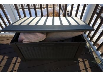 OUTDOOR PLASTIC STORAGE BIN AND CONTENTS - LOCATED BEHIND HOUSE ON DECK!