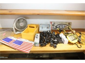 LOT OF MAGNETIC CAR FLAGS, WHEEL ROLLERS, FAN, LIGHTS, NUMBERS AND MISC.