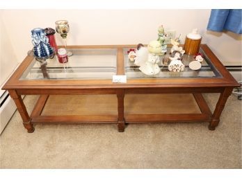 GLASS TOP TABLE WITH FIGURINES AND COLLECTABLES AS SHOWN SOLD AS A LOT