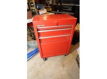 RED ROLLING TOOL CHEST FULL OF ITEMS AS SHOWN  (RIGHT SIDE OF GARAGE)