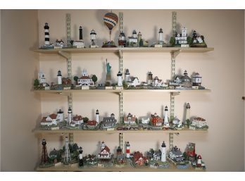 GIANT LOT OF COLLECTABLE LIGHTHOUSES (SHELF NOT INCLUDED)