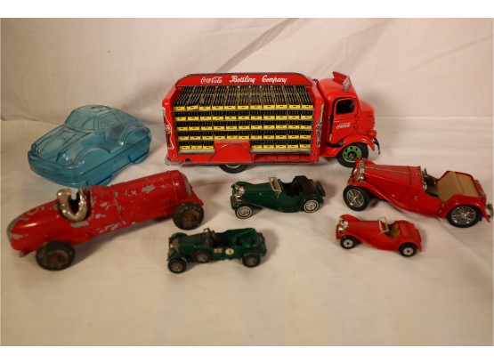 VINTAGE METAL TOY CARS - COKE TRUCK AND OTHER THINGS SHOWN