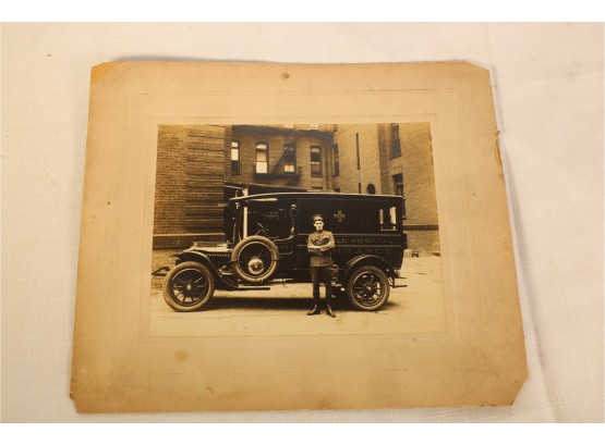 EARLY LARGE PHOTO OF MEDIC BESIDE AMBULANCE IN MAYBE NYC