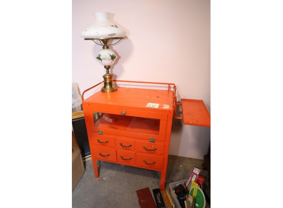 AMAZING VINTAGE ORANGE METAL ARTISTS DESK, WITH LOTS OF ART SUPPLIES AND LAMP!