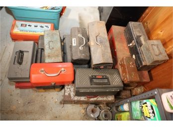 LOTS OF TOOL BOXES - MANY HAVE TOOLS AND THINGS INSIDE!