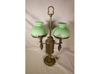 DOUBLE GREEN GLASS LAMP - HAS CONDITION ISSUES