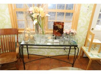 METAL AND GLASS TOP LONG SIDE TABLE AND ALL ITEMS SHOWN ON IT!