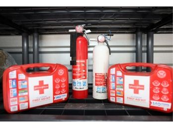 TWO FIRST AID BINS AND TWO FIRE EXTINGUISHERS