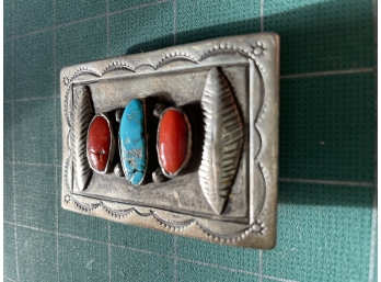 Southwestern Silver Belt Buckle W TURQUOISE & CORAL