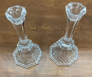 Vintage Crystal Glass Collection Pair Of Candlesticks 2 Crystal Salt Tray 6 Crystal Coasters