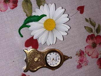 Vintage Brooch And Mini Clock
