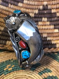 Native Sterling  Turquoise, Coral, And Real   Bear Claw Cuff