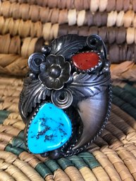Native Sterling Turquoise, Coral Real , Bear Claw Ring