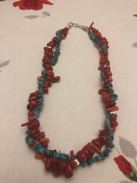 Turquoise And Coral Beaded Necklace