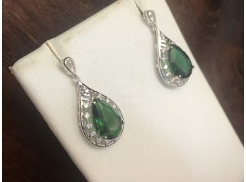 Teardrop Emerald In Rhinestone  Earrings