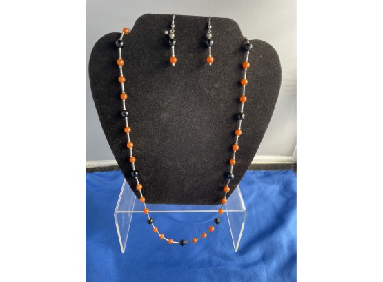 Carnelian & Onyx Sterling Necklace And Earring Set
