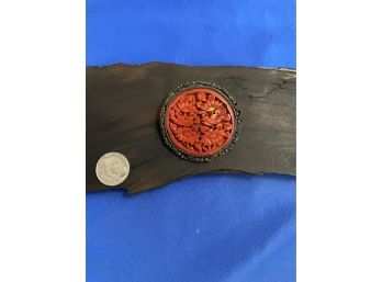 Vintage Cinnabar And Silver Pin