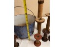 19 Pcs Spools And Other Pieces And Cast Iron Pot