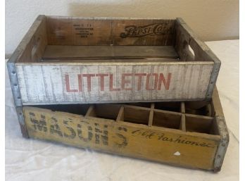 Two Wooden Vintage Crates Mason & Pepsi From Littleton