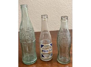 2 Old Coca-cola Bottles (one With Denver Co. On The Bottom)  And A Whistle Bottle