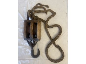 Rustic Double Block Tackle Pulley With Some Rope