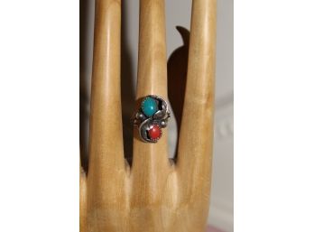 CORAL AND TURQUOISE STERLING RING