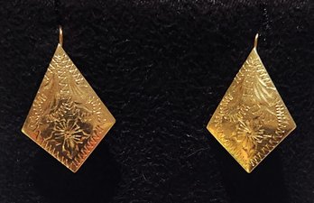 14K  Yellow Gold Stamped Engraved Earrings 1.7 Grams