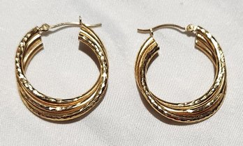14K Tri-Color Gold Three Ring Hammered Hoop Earrings 2.6 Grams