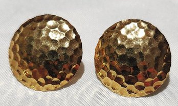 14K Yellow Gold Round Hammered Shield Button Stud Post Earrings 2.6 Grams