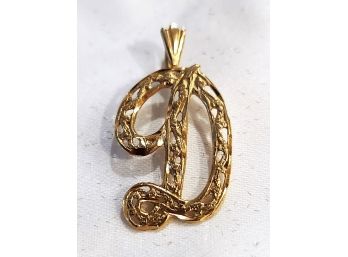 14K Gold Script Initial Letter D Charm Pendant Italy Michael Anthony Designer Signed Ma
