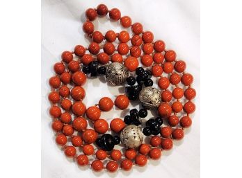 Coral Red Onyx Black Asian Good Luck Chinese Longevity Spacer Beads Necklace 38 Inches Continuous Strand
