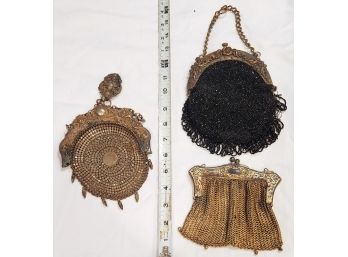 Lot/3 Antique Victorian Ornate Mesh Steel Cut Beaded Chatelaine Evening Hand Bag Purse