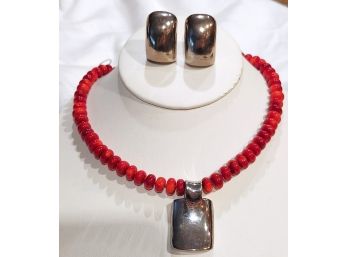 Simon Sebbag Sterling Silver Coral Red Shell Chunky Designer Necklace & Earrings