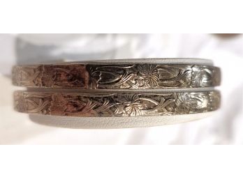 Matched Pair Art Nouveau Coin Silver Bangle Bracelet Embossed Floral Vine Decoration