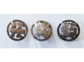 3 Sterling Silver 925 Hand Cut Layered Aztec Inca Maya Bird Mexico Buttons 5.7gr