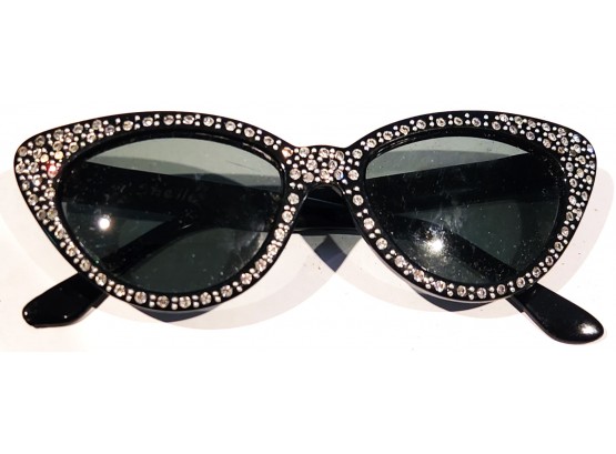 Mid Century 1950/60s French Black Frame Rhinestone Encrusted Cat's Eye Sunglasses Signed Shelle