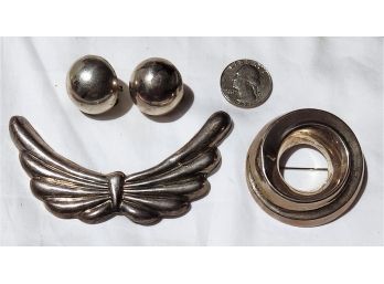 Lot/2 Sterling Silver Brooches Jewelry And 1 Pair Earrings Designer Signed