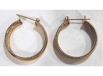 14K Yellow & Rose Gold 1 Inch Round 1/4 Inch Wide Textured Hoop Pierced Earrings 4 Grams