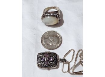 Lot/2 Sterling Silver 925 Bali Style Locket Pendant Necklace And Chunky Mother Of Pearl Ring